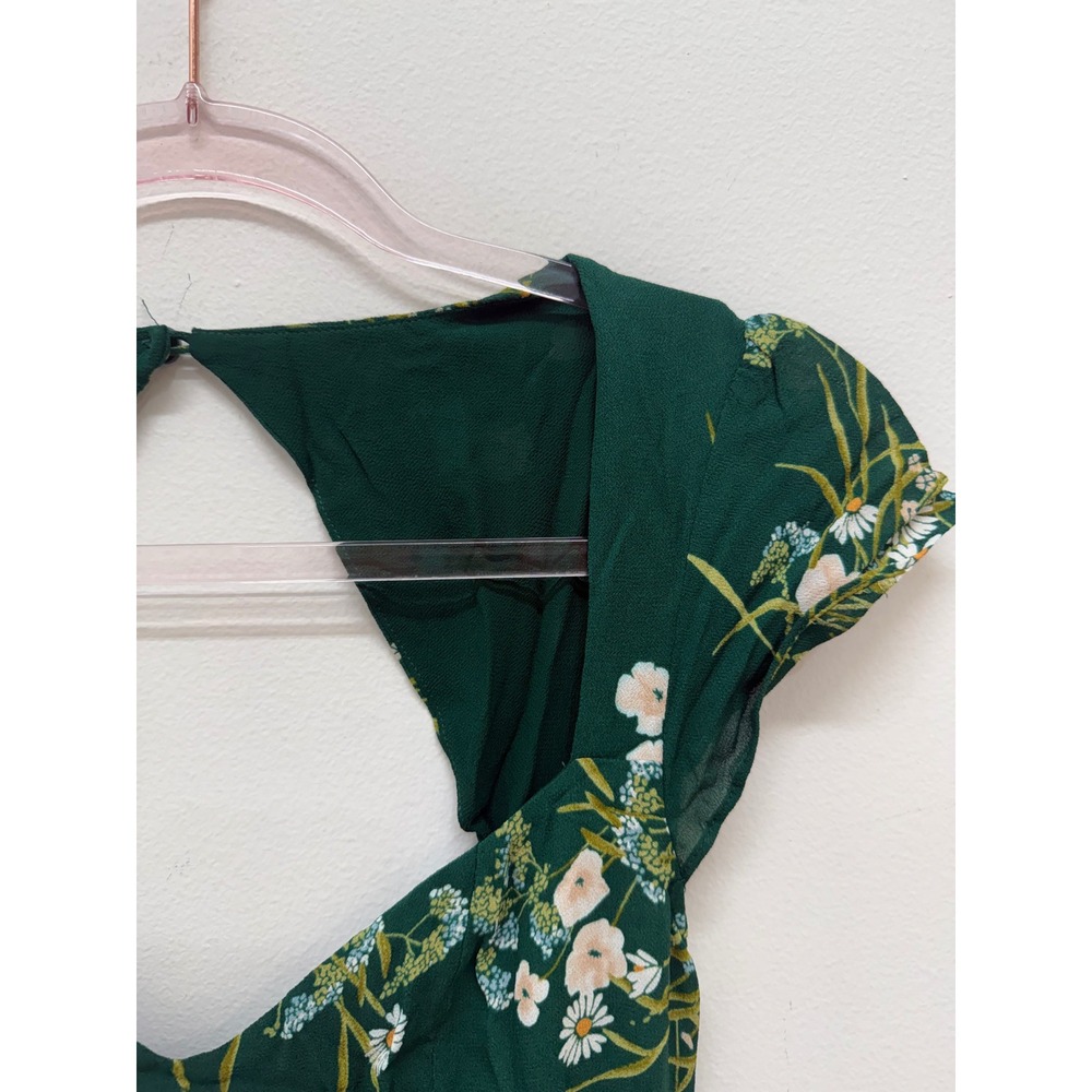 Reformation Midi Dress 6 Green Floral Smocked Back Cutout Ruffle Hem Sweetheart - Picture 4 of 11